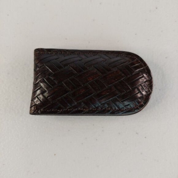 Leather Money Clip VTG Magnetic with basketweave leather Design Chocolate Brown - Picture 4 of 12